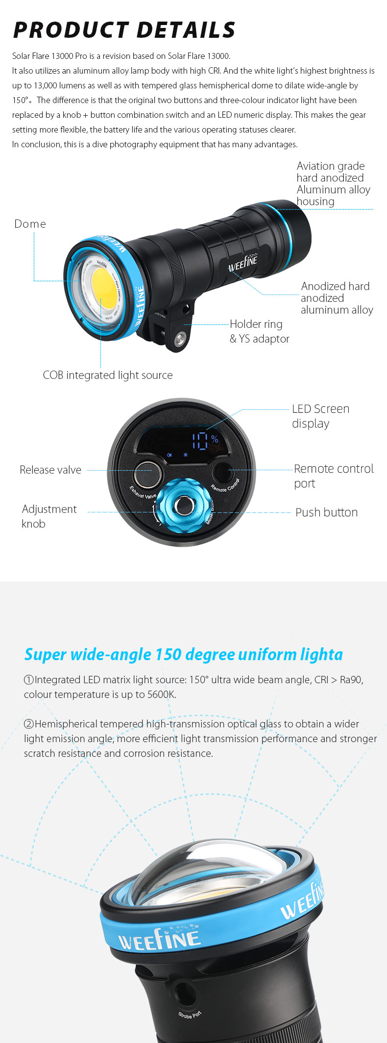 Weefine Solar Flare 13000 Pro COB LED Ra90 150 Degree Strobe Mode Photo Video Light