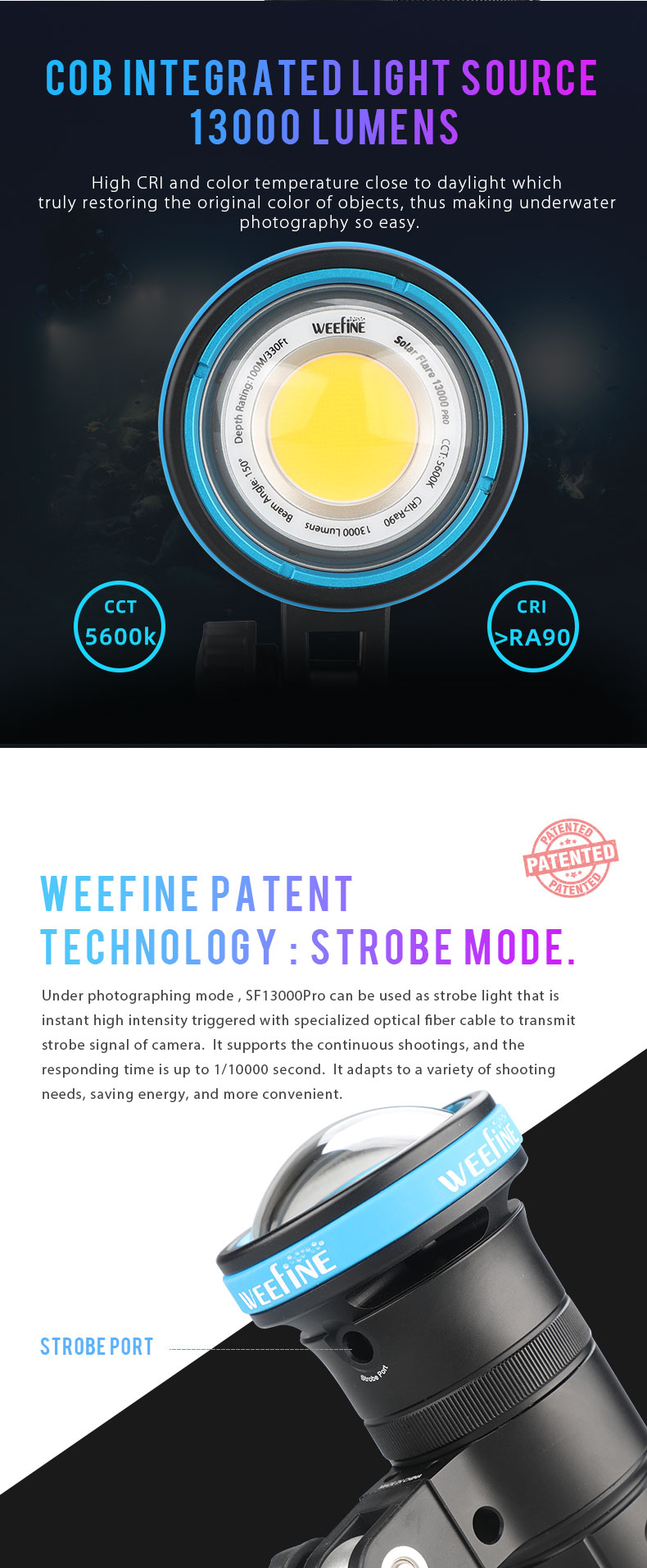 Weefine Solar Flare 13000 Pro COB LED Ra90 150 Degree Strobe Mode Photo Video Light